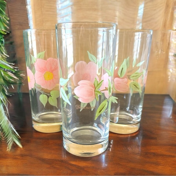 VINTAGE Franciscan Pink Flower Highball Glasses - Set of 3 - Picture 1 of 15